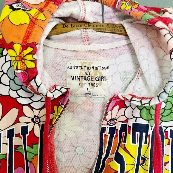 Vintage Girl Yellowstone Park 70s Floral Zip-Front Hoodie Red Pink Size Large - Picture 6 of 8